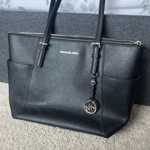 Michael kors black Charlotte Saffiano Leather Top-Zip Tote Bag